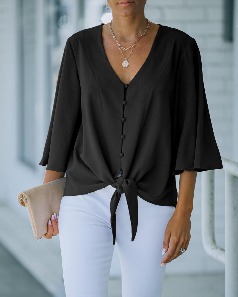 luvamia Women's V Neck Tops Ruffle 3/4 Sleeve Tie Knot Blouses Button Down Shirts, Black Button Down Size S - Image 2
